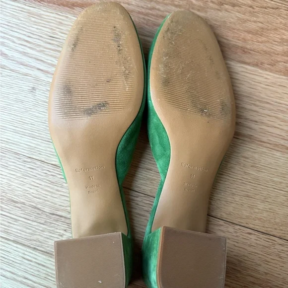Reformation Green Suede Mules Chunky Heel 2.5 Inch Size 11 - Picture 3 of 8